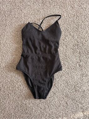 Girls' Black Eyelet One-Piece Swimsuit with Cross-Strap Detail
